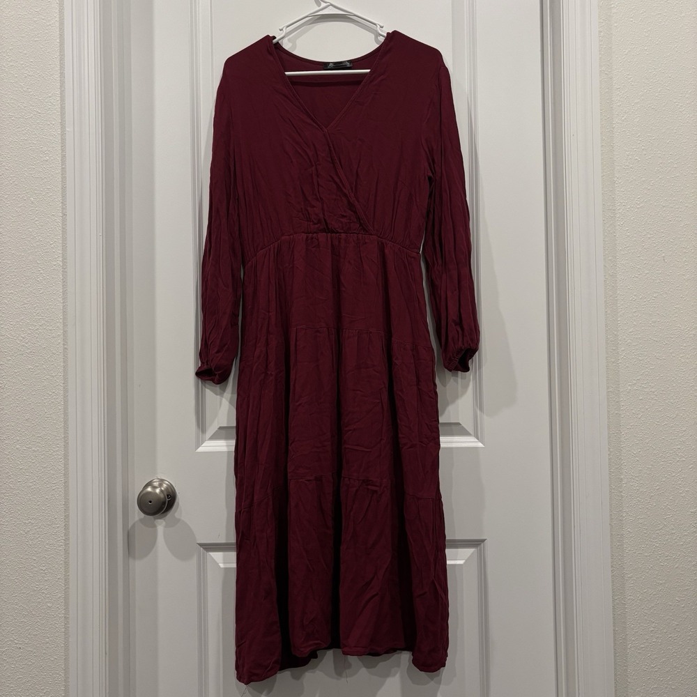 PrettyGarden Womens Maroon Faux Wrap Bodice  Dress Long Sleeve Large